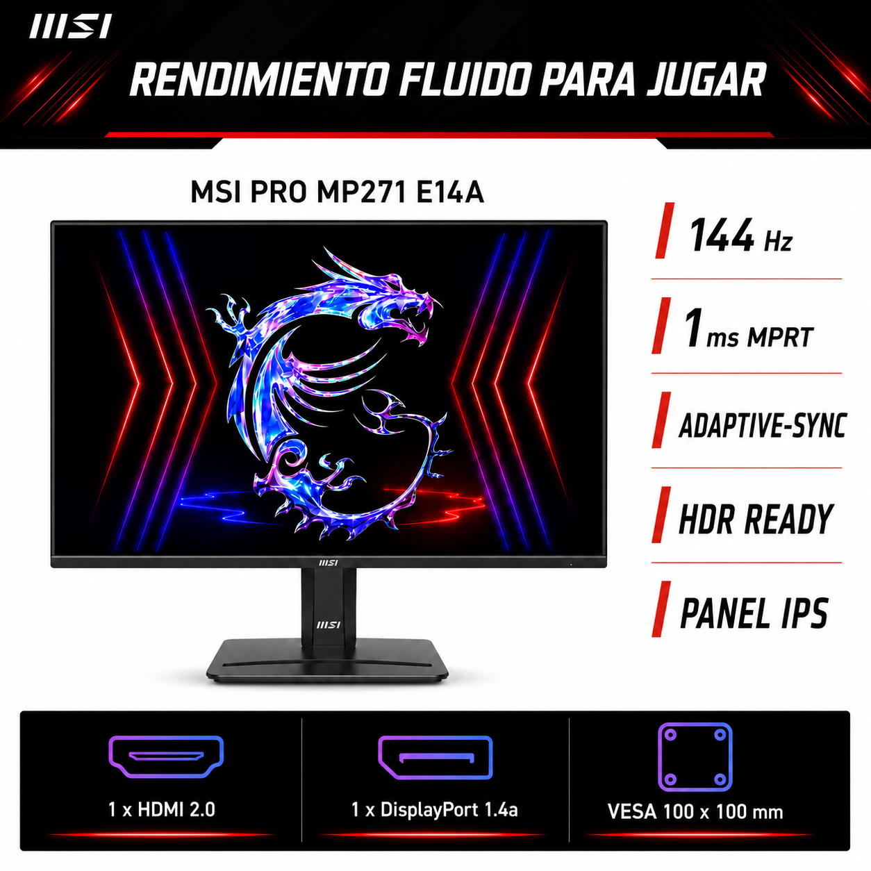 Monitor Gamer MSI PRO 27" Full HD 144HZ+ HDR Ultra Light IPS