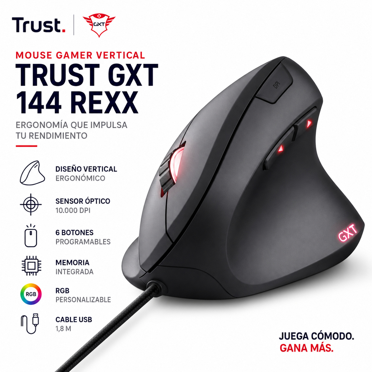 Mouse Gamer Vertical Pro Trust Gxt 144 Rexx 10.000 Dpi 22991