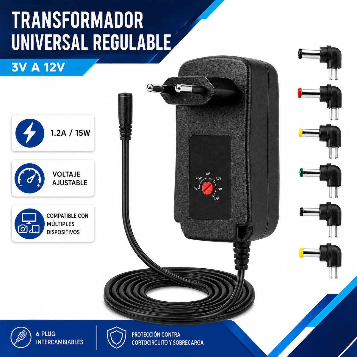 Transformador 12V Regulables 1.2A / 15W + 6 Plug Universales