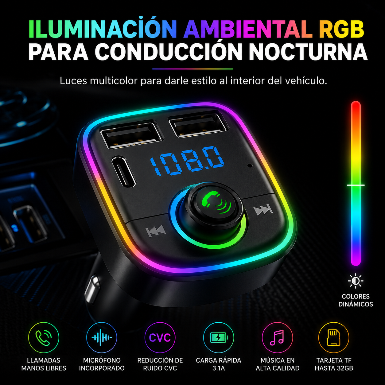 Transmisor FM Bluetooth + Puerto Quick Charge 20W 12/24V RGB