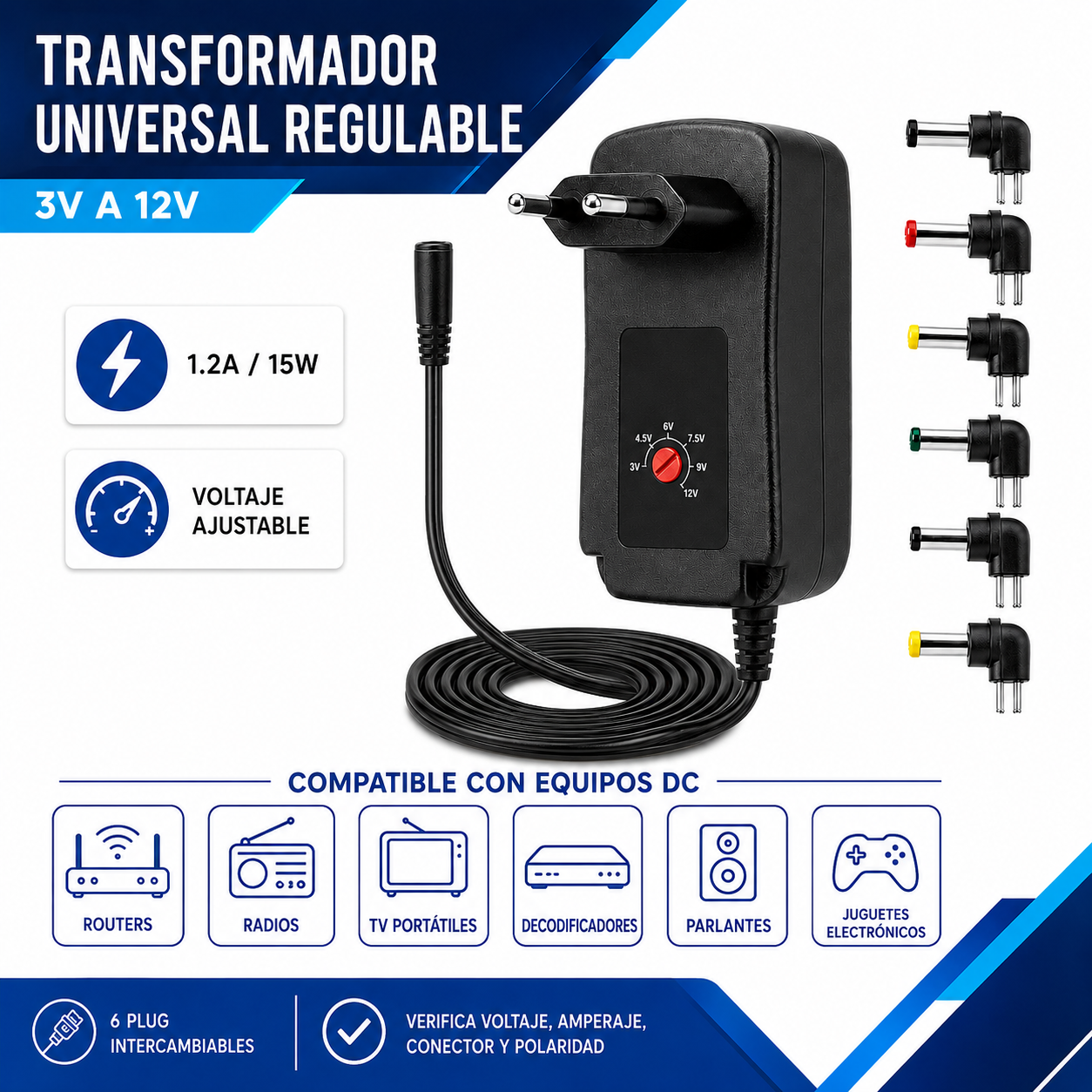 Transformador 12V Regulables 1.2A / 15W + 6 Plug Universales