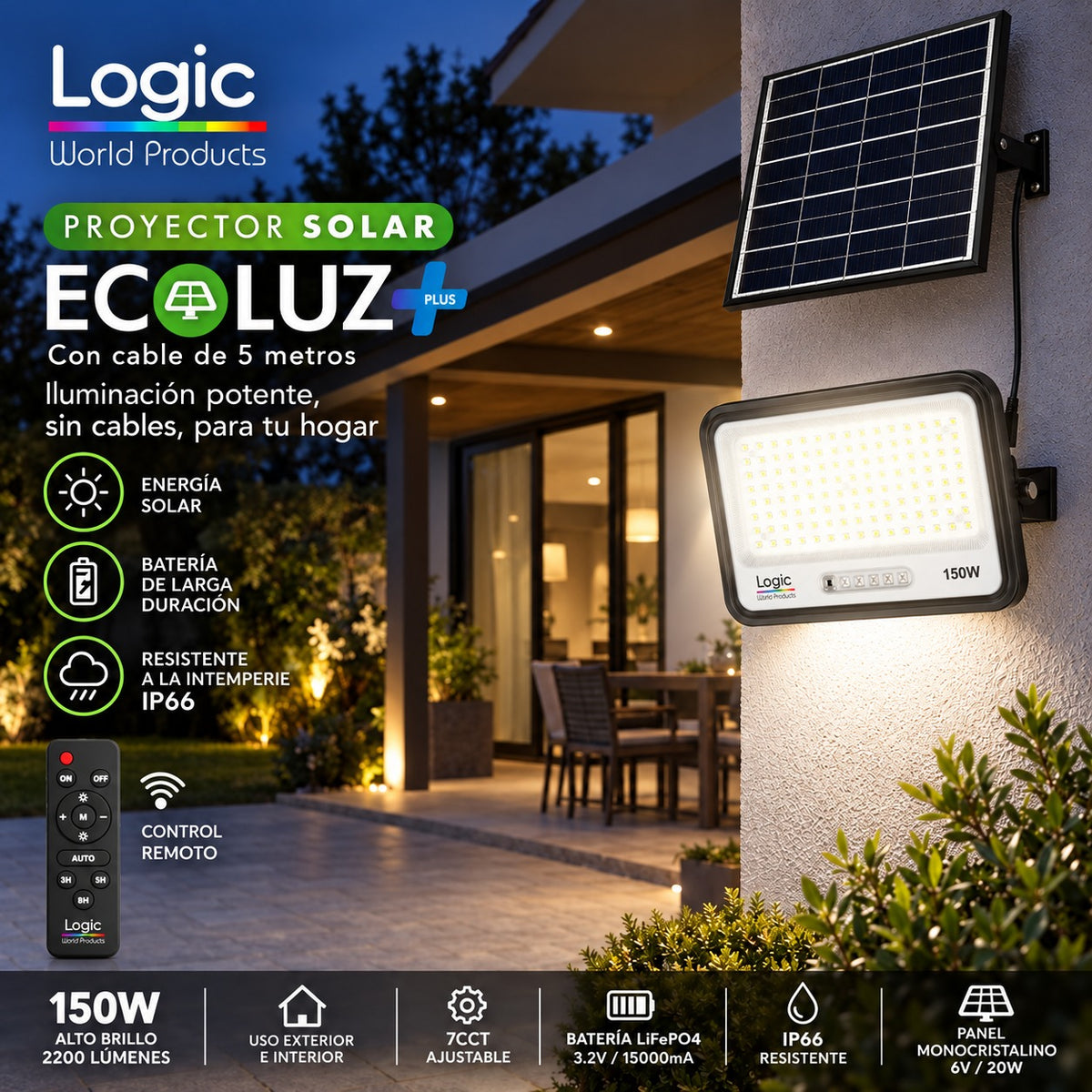 Proyector LED 150W con Panel Solar Independiente + Cable 5MT