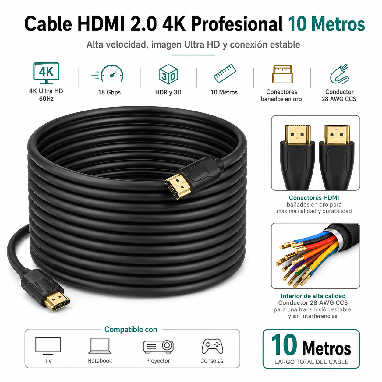 Cable HDMI 4K Profesional 10MT  Ultra HD Versión HDMI 2.0