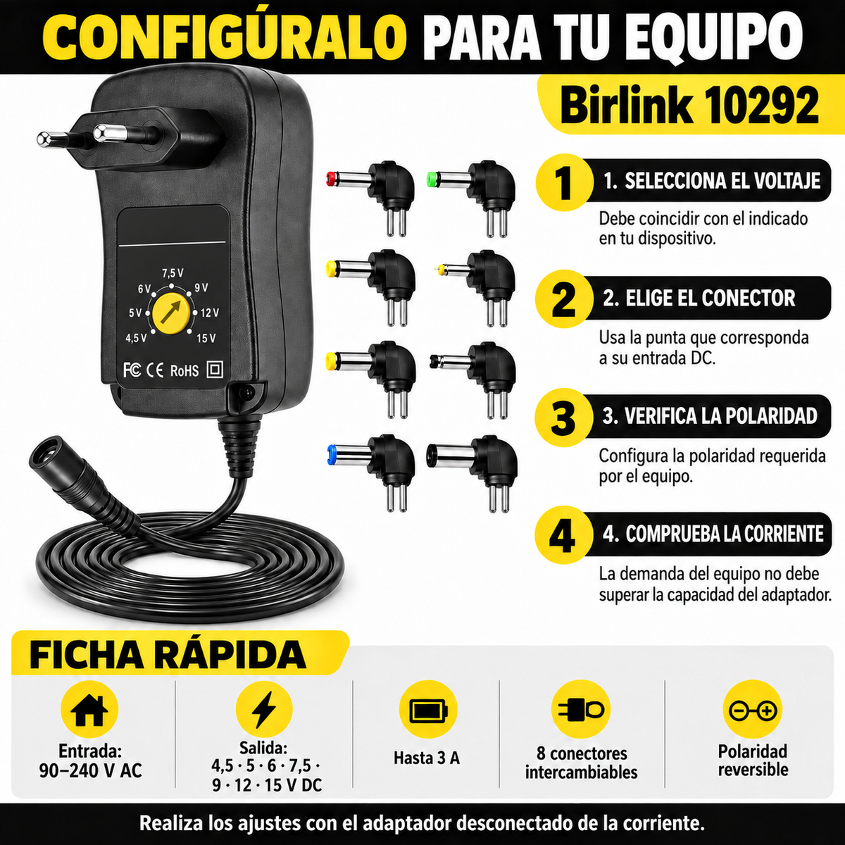 Transformador 15V Regulables 3A / 45W + 8 Plug Universales