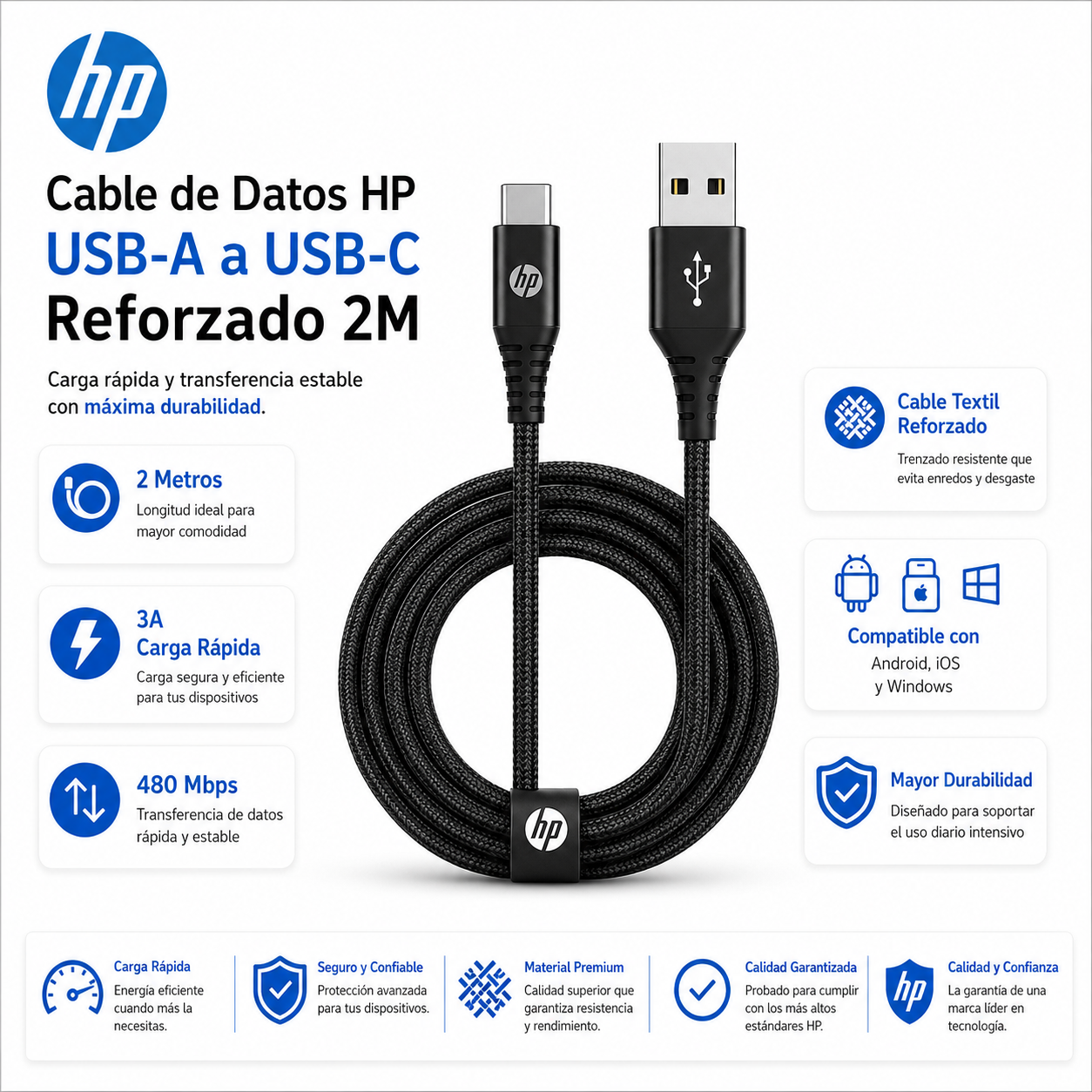 Cable De Datos HP USB a Type-C 3A High Power 2M