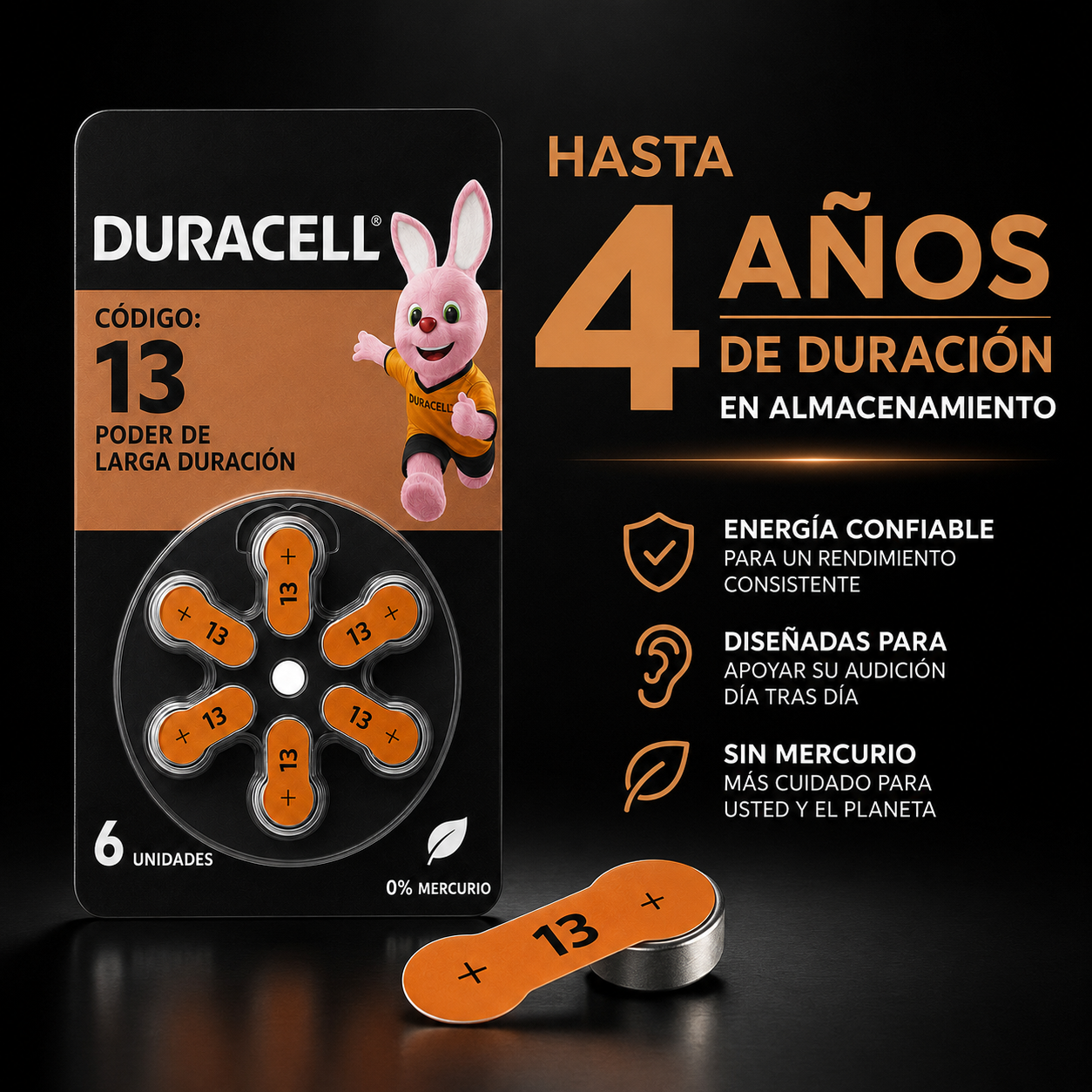 Pila Duracell 13 de Audiología de Larga Duración (Pack de 6)