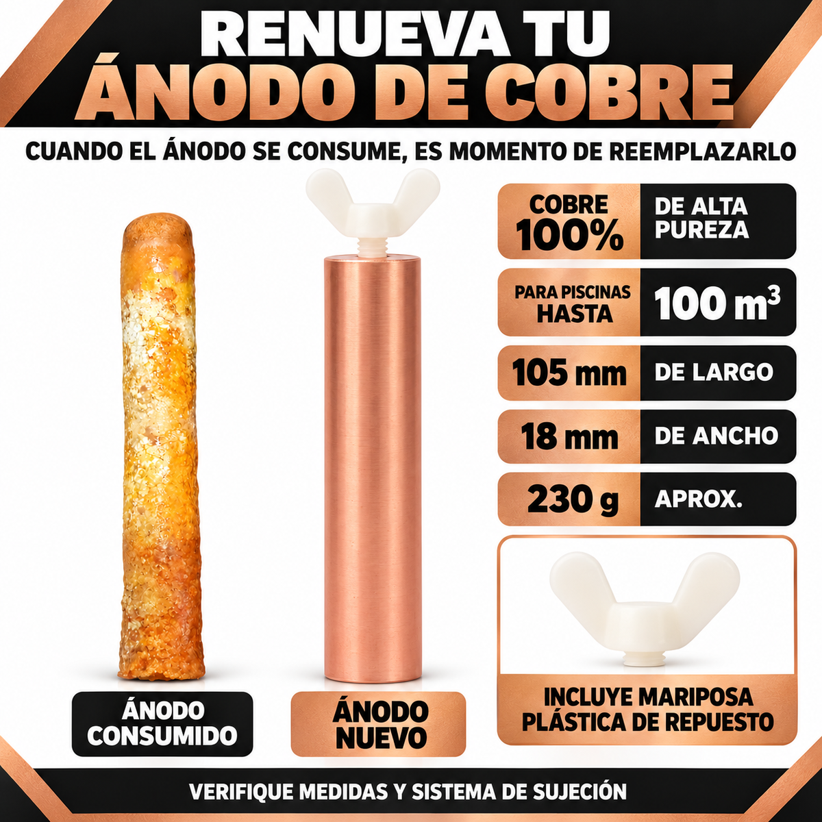 Repuesto de Cobre para Ionizador de Piscina 105x18mm Hasta 100m3 / 230g