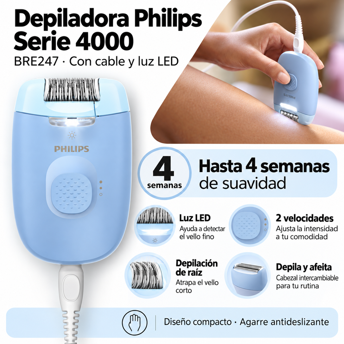 Depiladora Philips Serie 4000 BRE247 Alámbrica con Luz LED