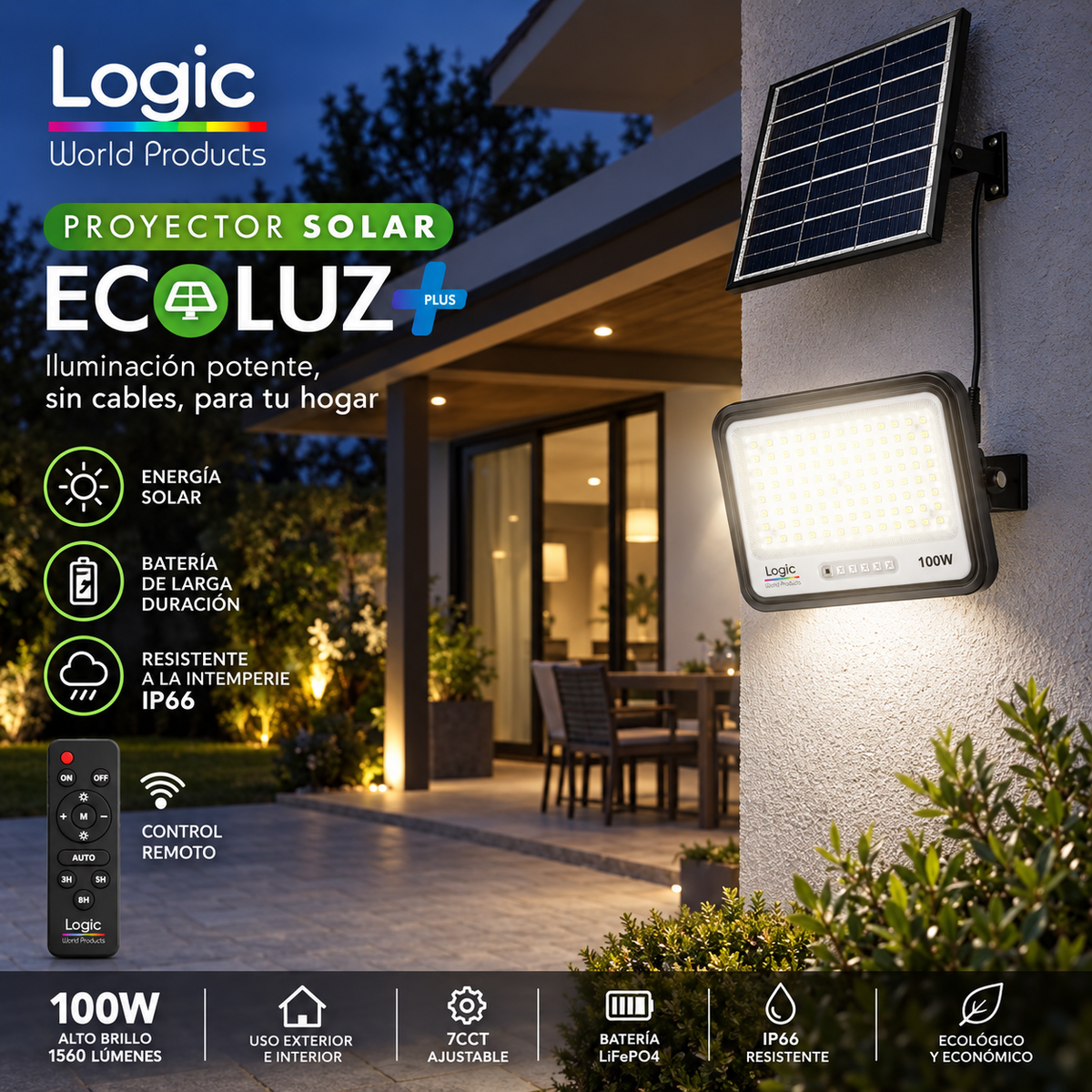 Proyector LED 100W con Panel Solar Independiente + Cable 5MT