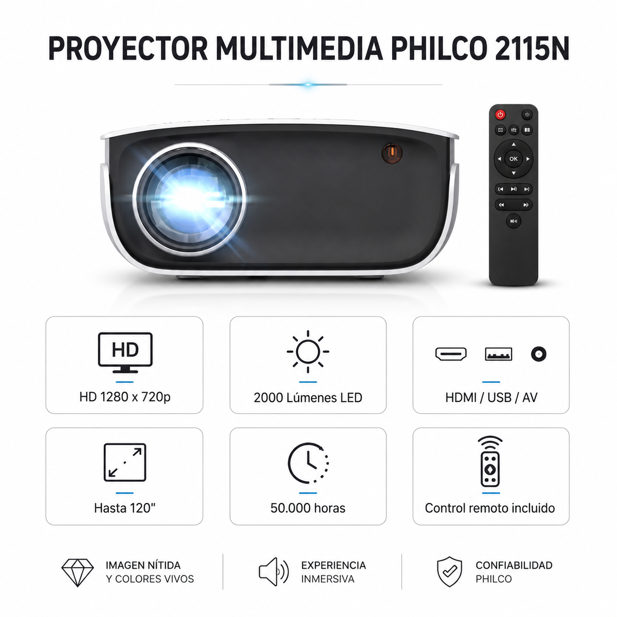 Proyector HD 1280*720p 2000 Lumenes LED con HDMI / USB / AV