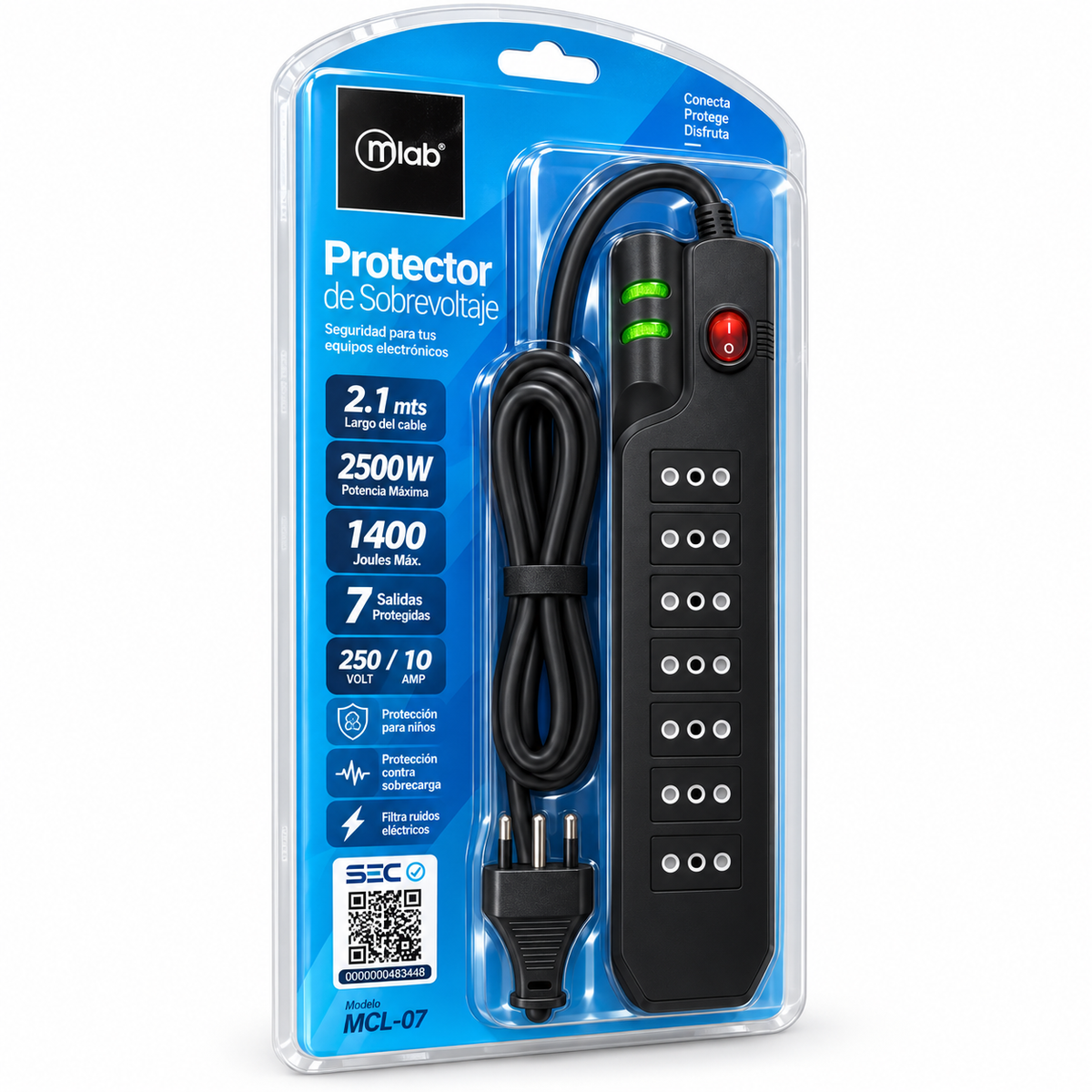 Alargador 2.1MTS 7 Salidas con Proteciónde Voltaje 2500W SEC