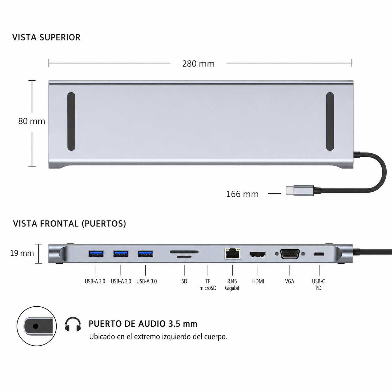 Hub Multipuerto Type-C (10en1) Profesional PD60W 4K Gigabyte