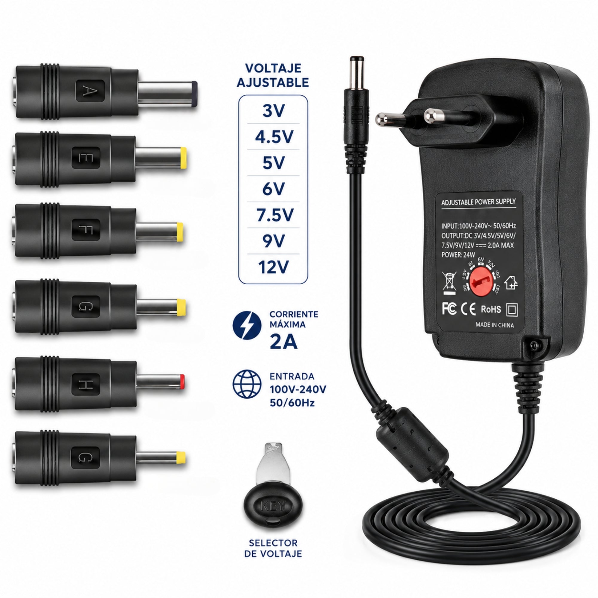 Transformador 12V Regulables 2A / 24W + 6 Plug Universales