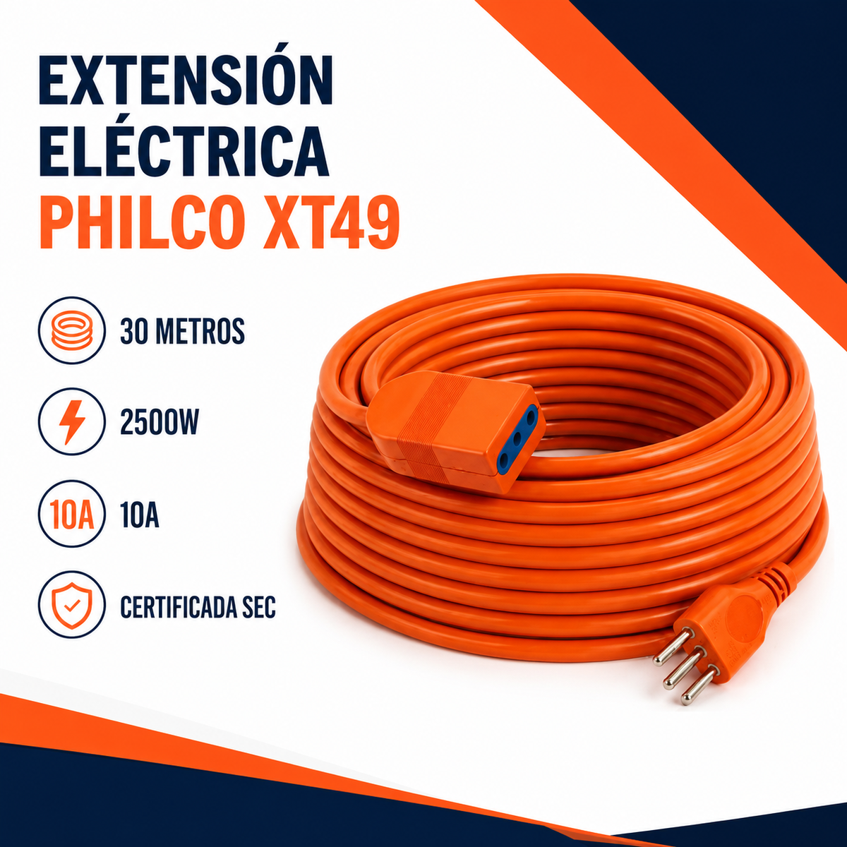 Extensión Eléctrica 30 Metros SEC XT49/ 2500W/ 10A Naranjo