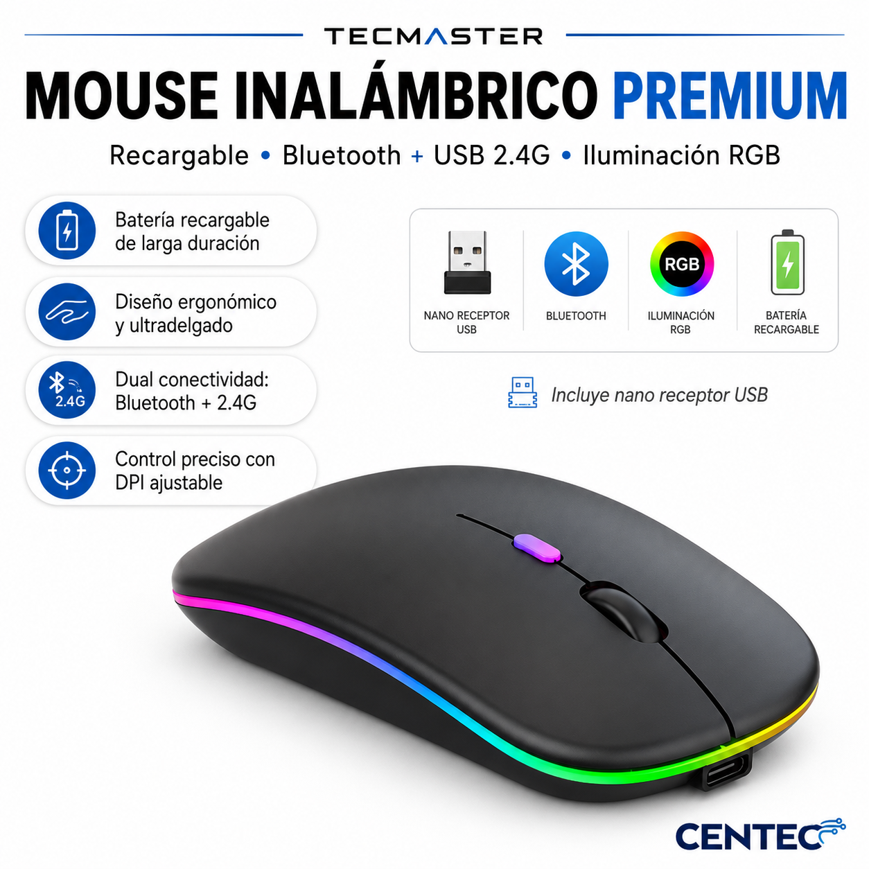 Mouse Inalámbrico Dual Bluetooth + USB 2G Recargable RGB BK