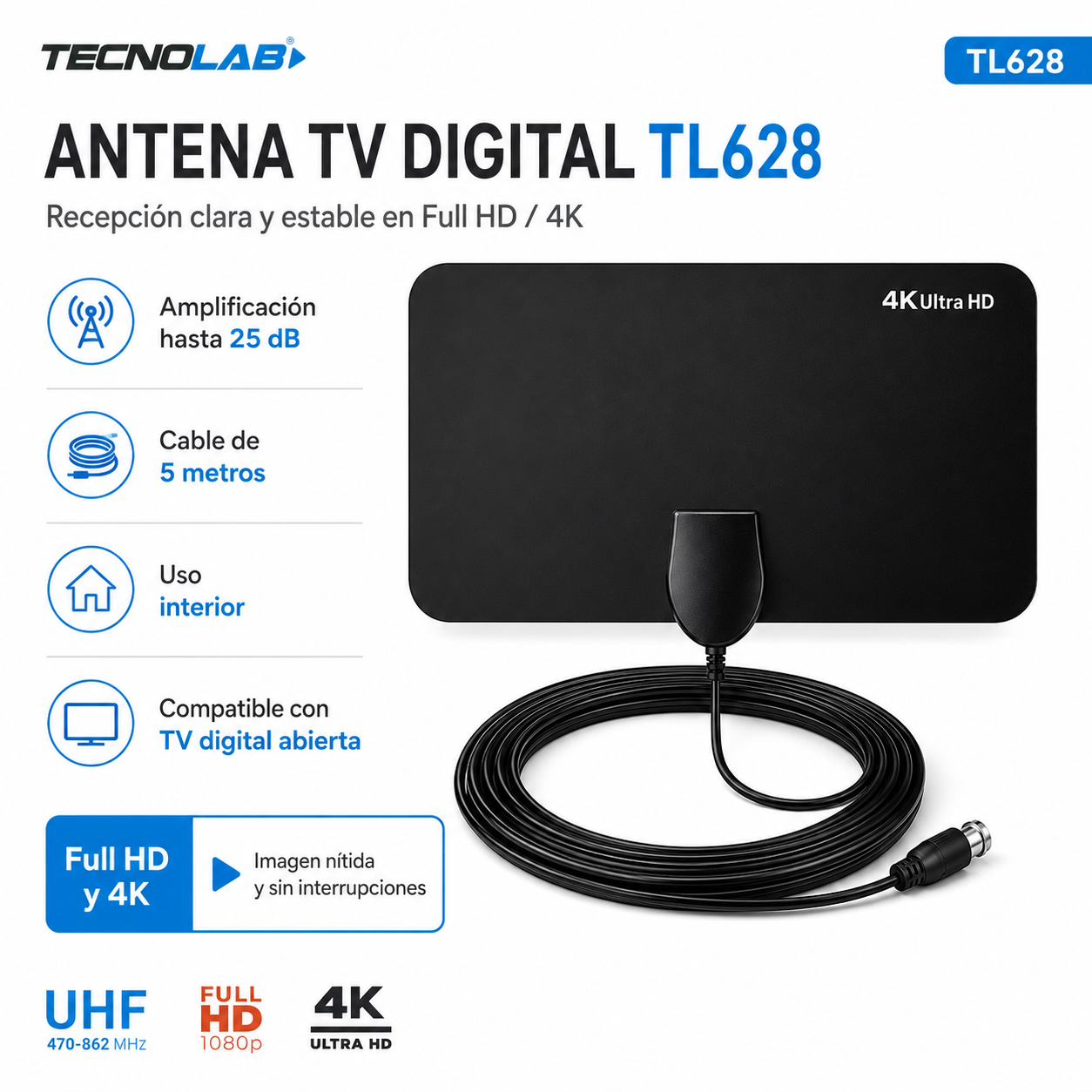 Antena de TV Digital Ultra HD 4K/ FHD de Alta Ganancia TL628