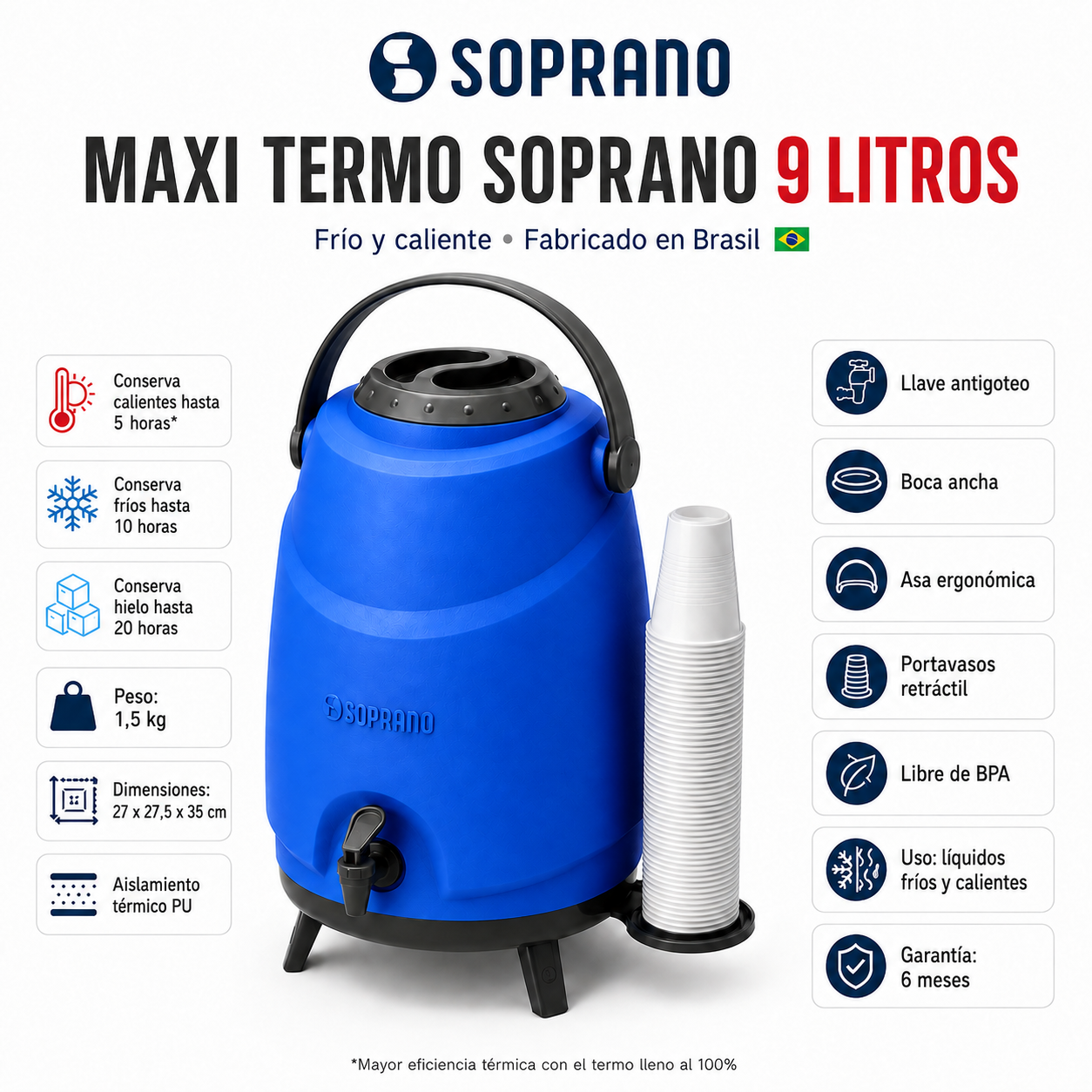 Maxi Termo 9LT Soprano Blue Alta Eficiencia Water Cold & Hot
