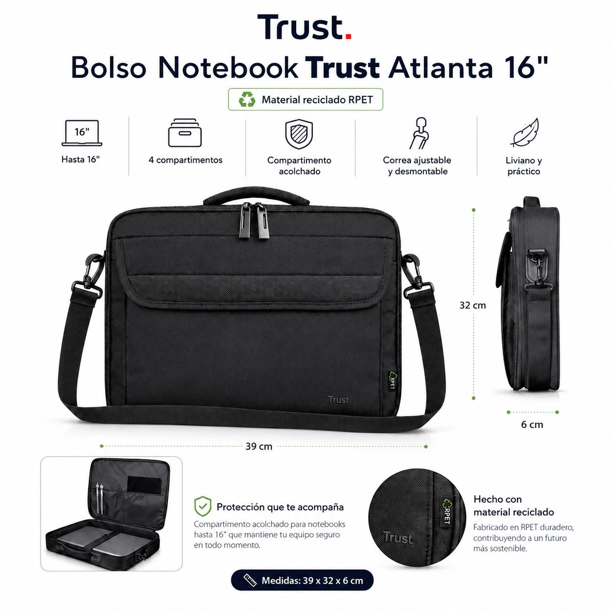 Bolso Notebook Trust Atlanta 16" con Correa Reinforced Black
