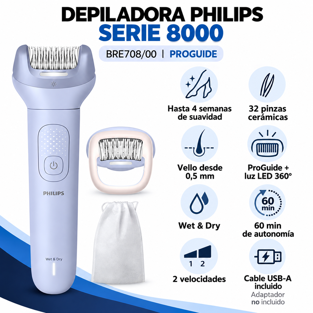 Depiladora Philips BRE-7000 Recargable Uso Húmedo o Seco