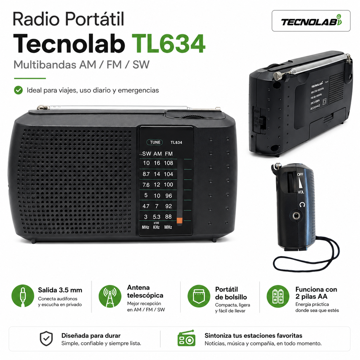 Radio Portátil de Bolsillo Multibandas AM/ FM / SW TL634