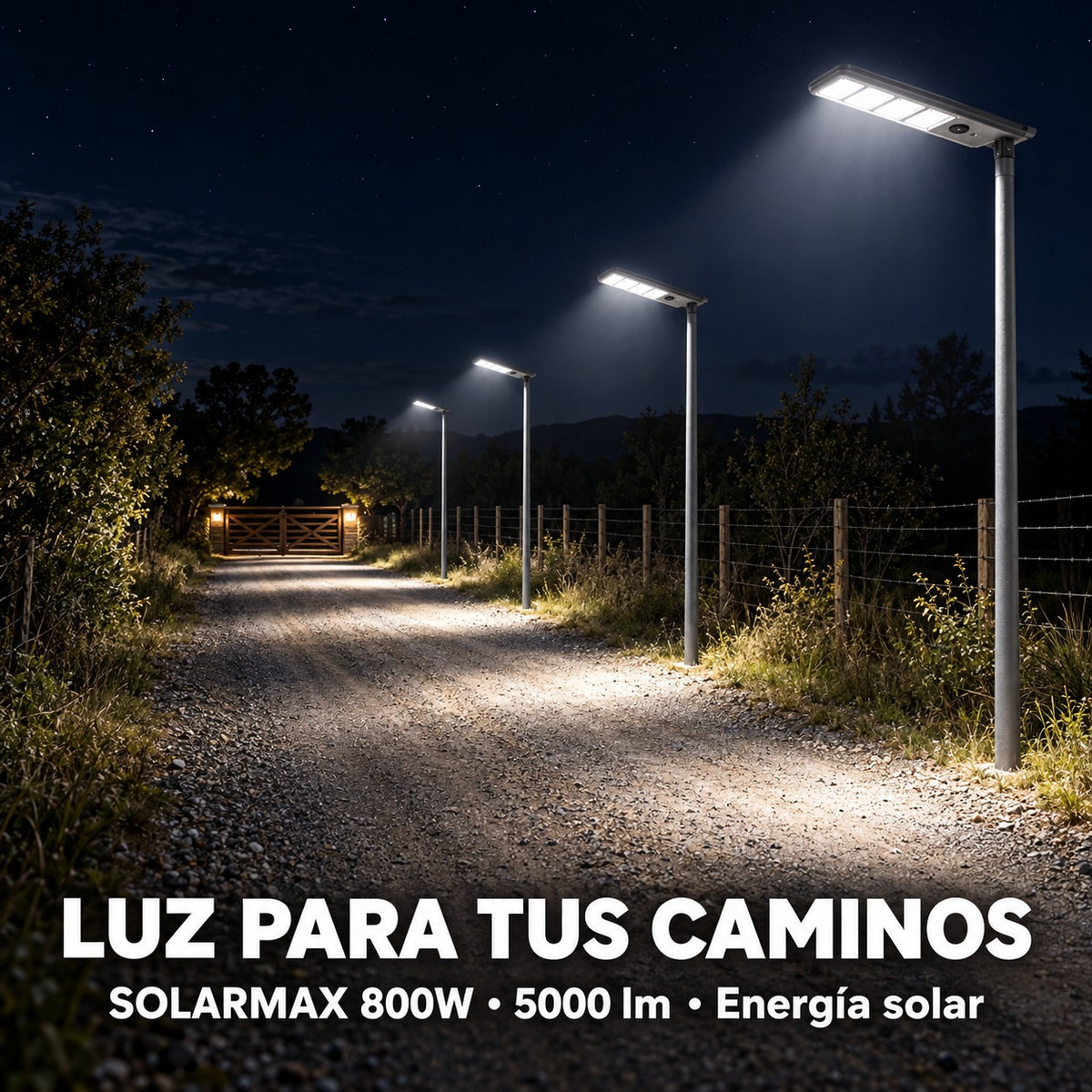 Luminaria Solar Peatonal 800W con Panel de Alta Eficiencia
