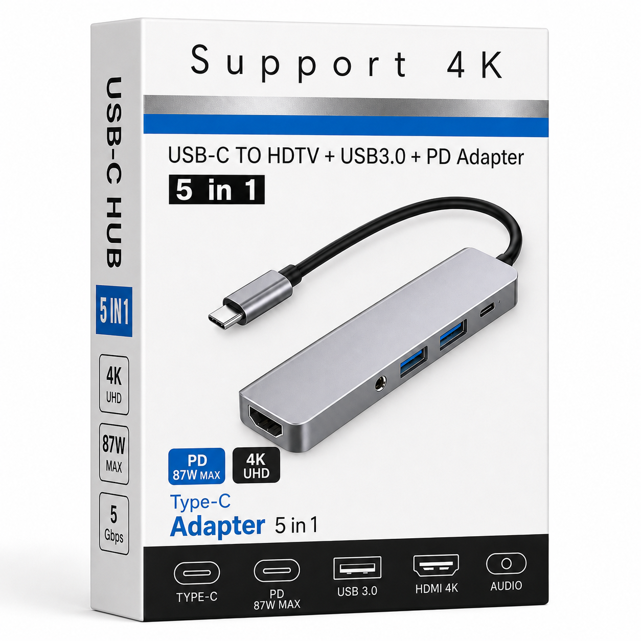 Adaptador Hub Usb-C Multipuertos 5 En 1 (Hdmi, Jack, Usb, Usb C) Gtc