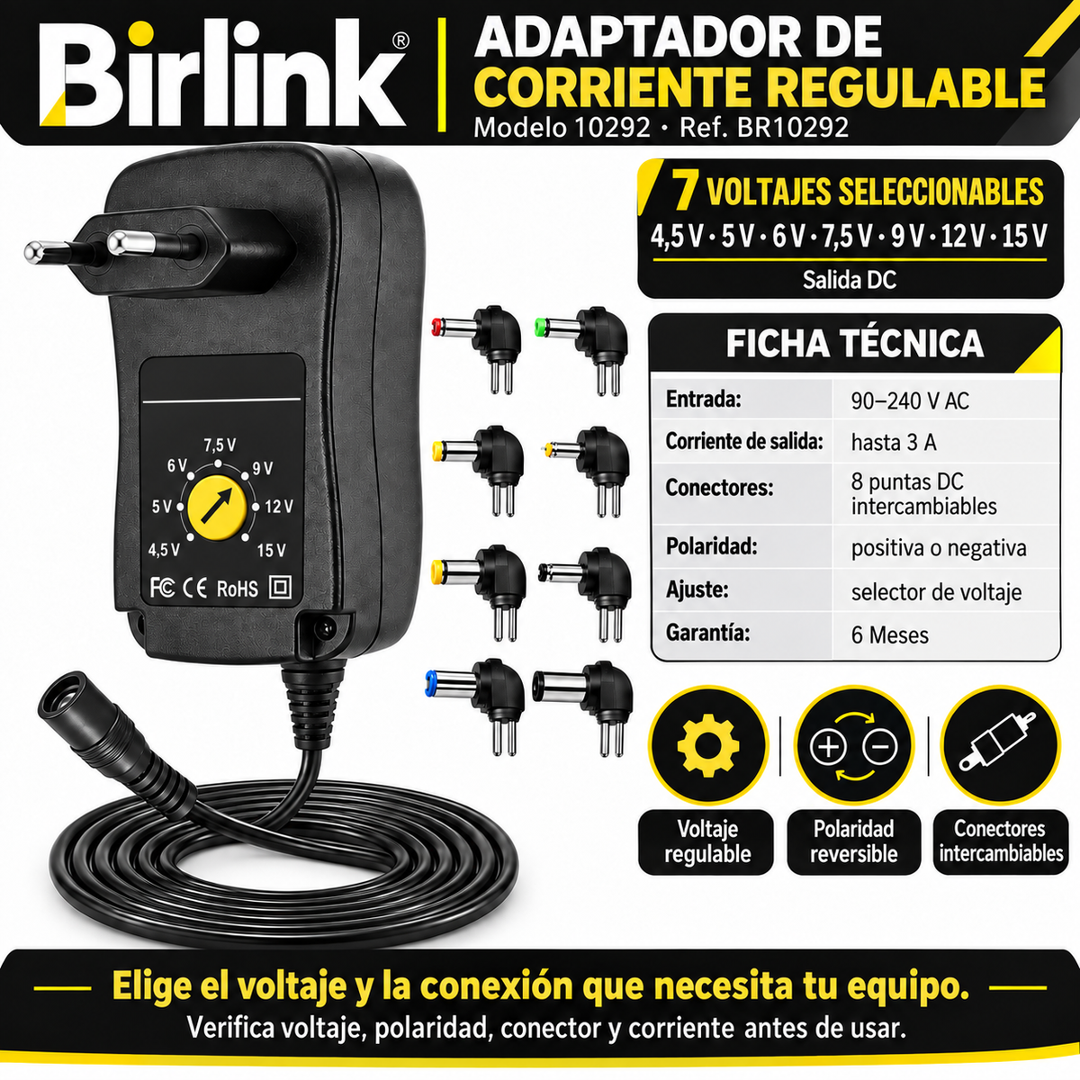 Transformador 15V Regulables 3A / 45W + 8 Plug Universales
