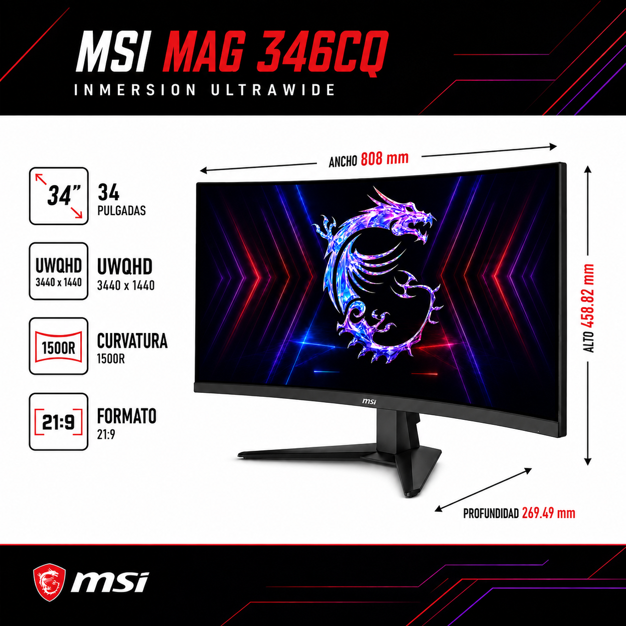 Monitor Gamer MSI 34" Curvo 180HZ Ultra Flat 1MS