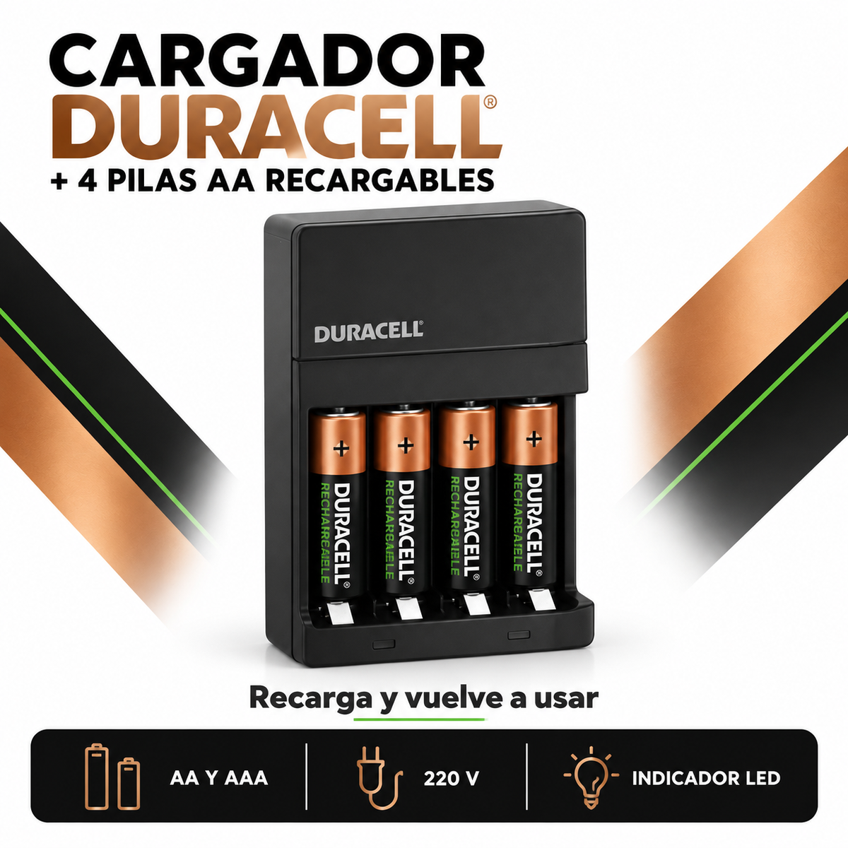 Cargador de Pilas Duracell + 4 Baterías A A Recargables