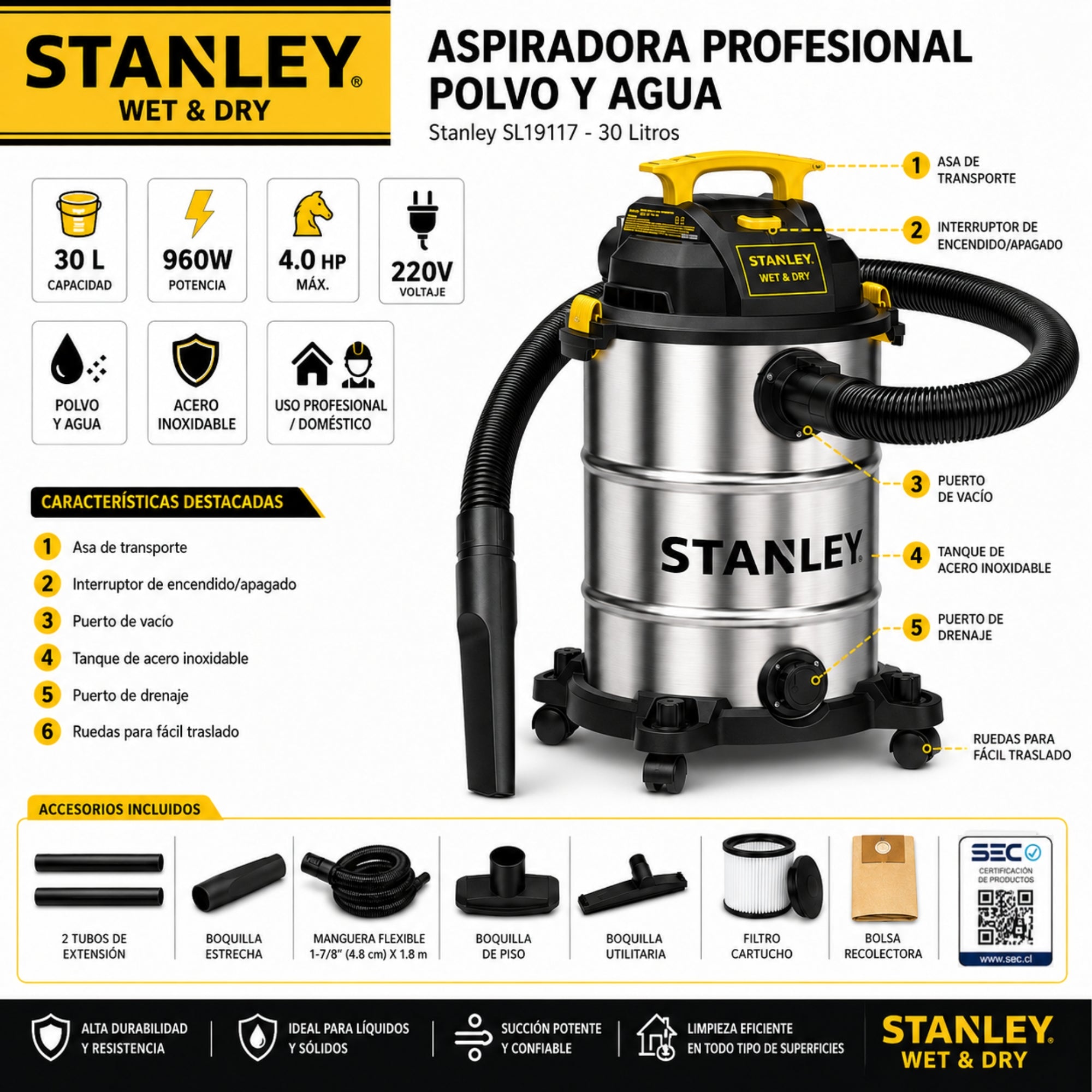 Aspiradora Profesional Stanley 30LT Polvo & Agua SL19117