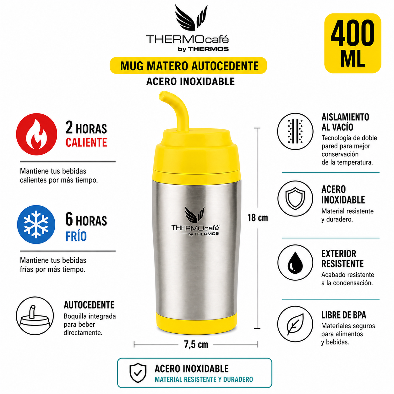 Vaso Térmico MUG Matero Inoxidable Thermos Amarillo 400ML