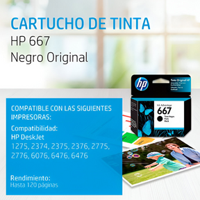 Tinta HP 667 Negra Cartridge Original 3YM79AL 2 ML Black