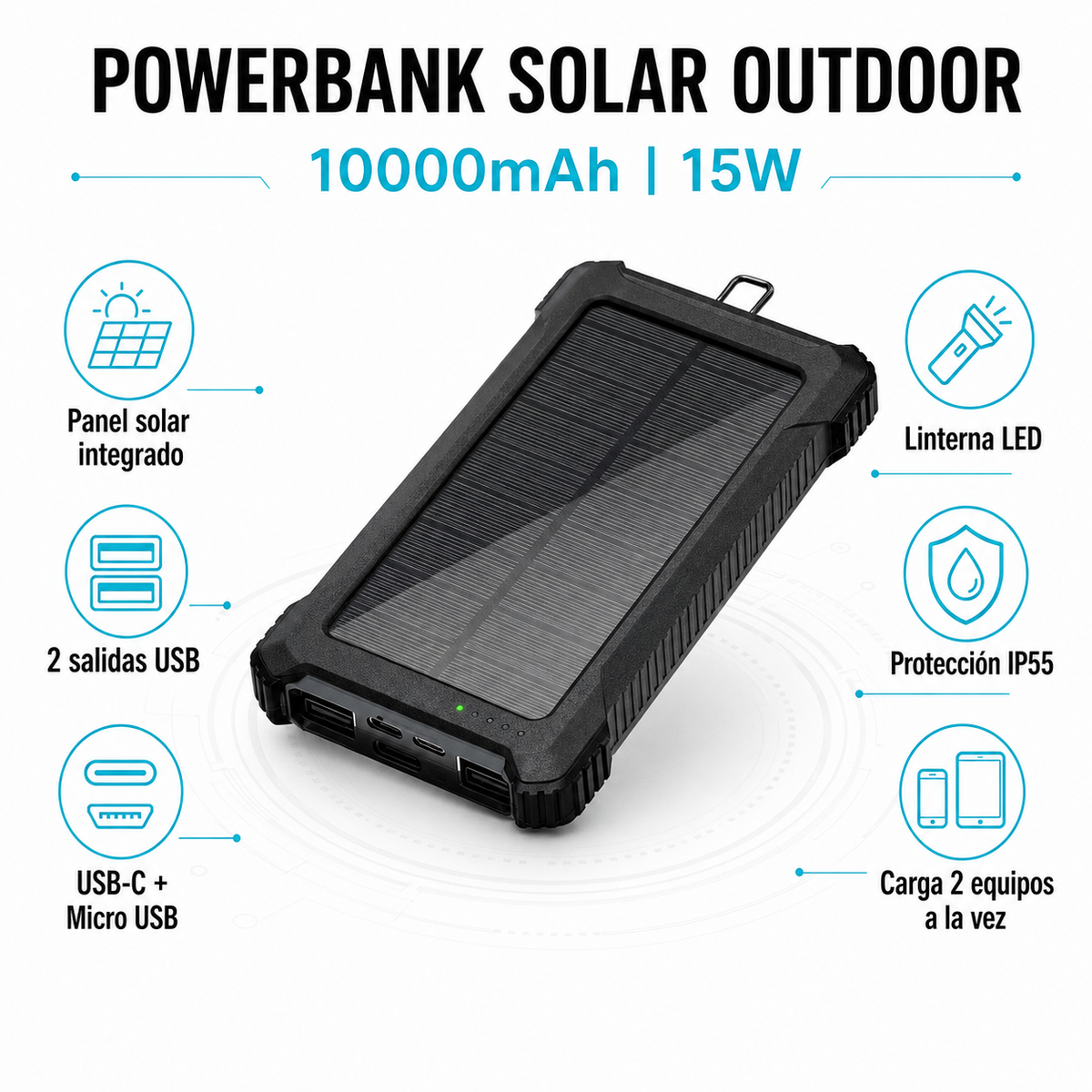 Powerbank Solar Outdoor Multipuertos 10000maH Carga Rápida