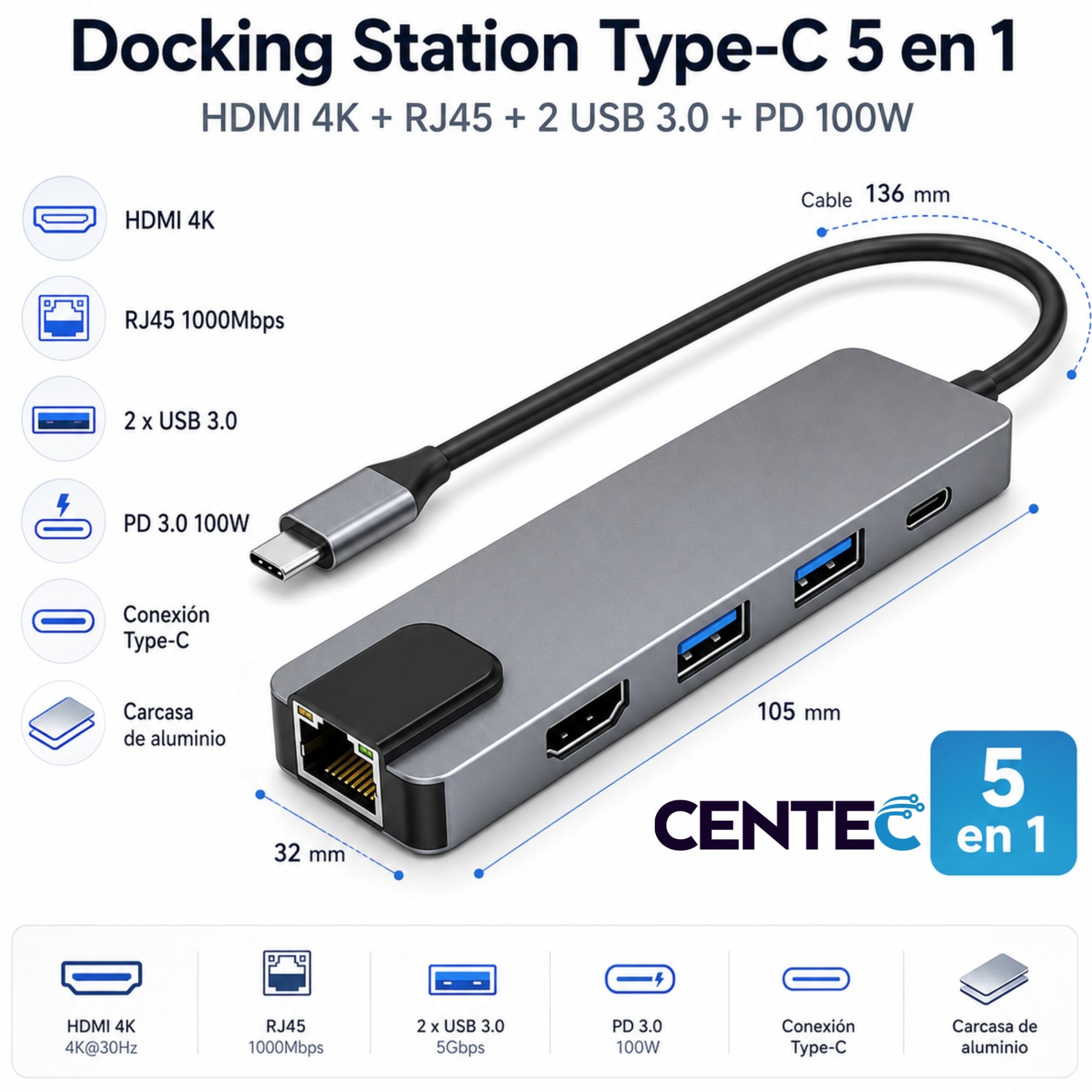 Docking Station Type-C 100W + HDMI 4K+ Ethernet+ Hub USB 3.0