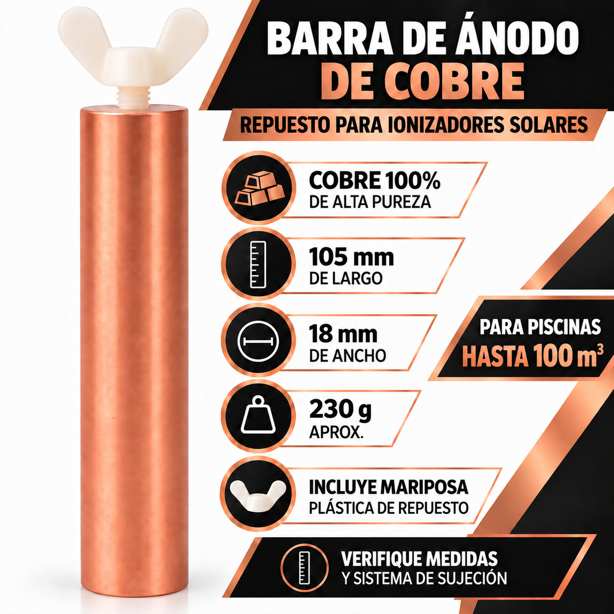 Repuesto de Cobre para Ionizador de Piscina 105x18mm Hasta 100m3 / 230g