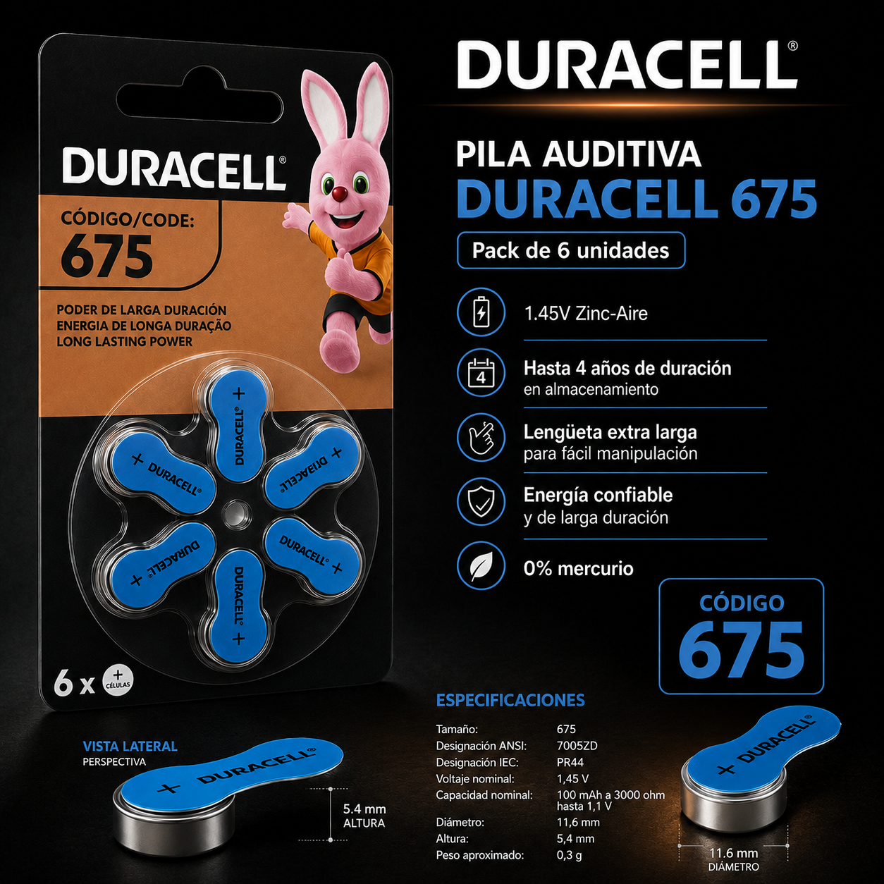 Pila Duracell 675 Auditiva Pack de 6U - 1.45V Larga duración