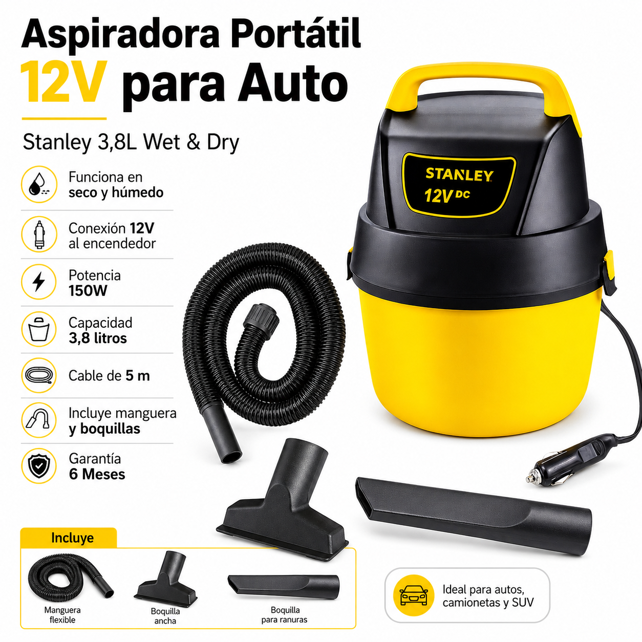 Aspiradora Portátil 12V Para Auto Stanley 3,8 LT Wet & Dry