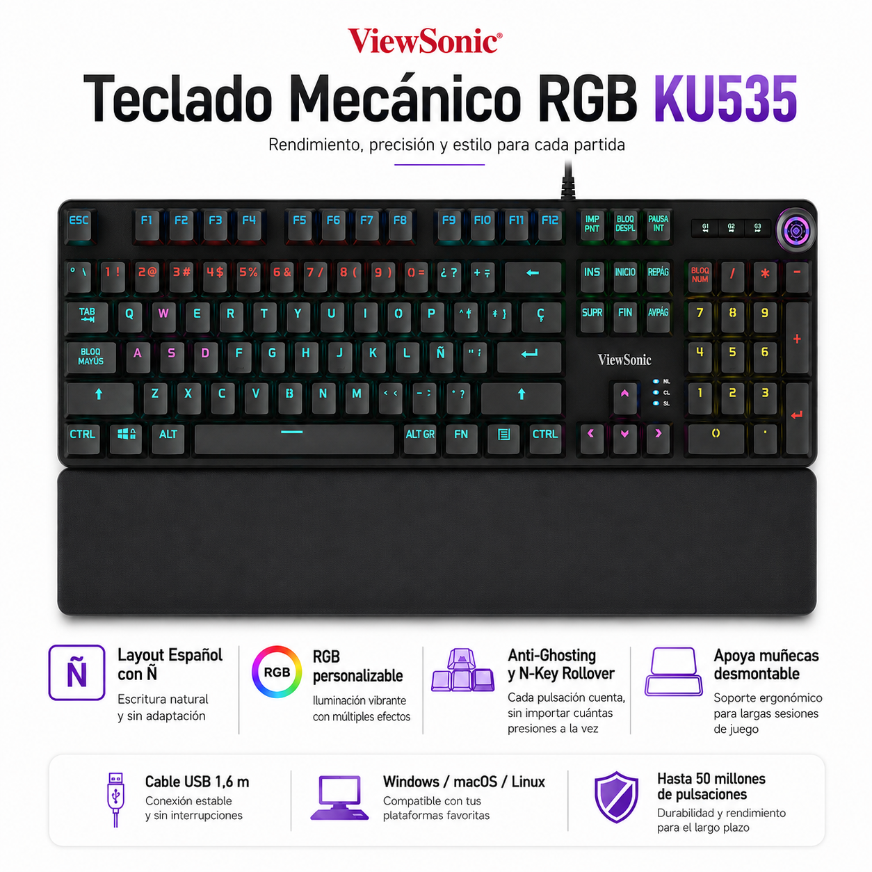 Teclado Mecánico RGB con apoya Muñecas Gamer KU535 ViewSonic