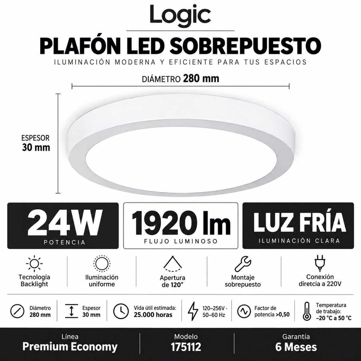Plafon LED Sobrepuesto Logic 24W Luz Fria Blacklight 1920LM