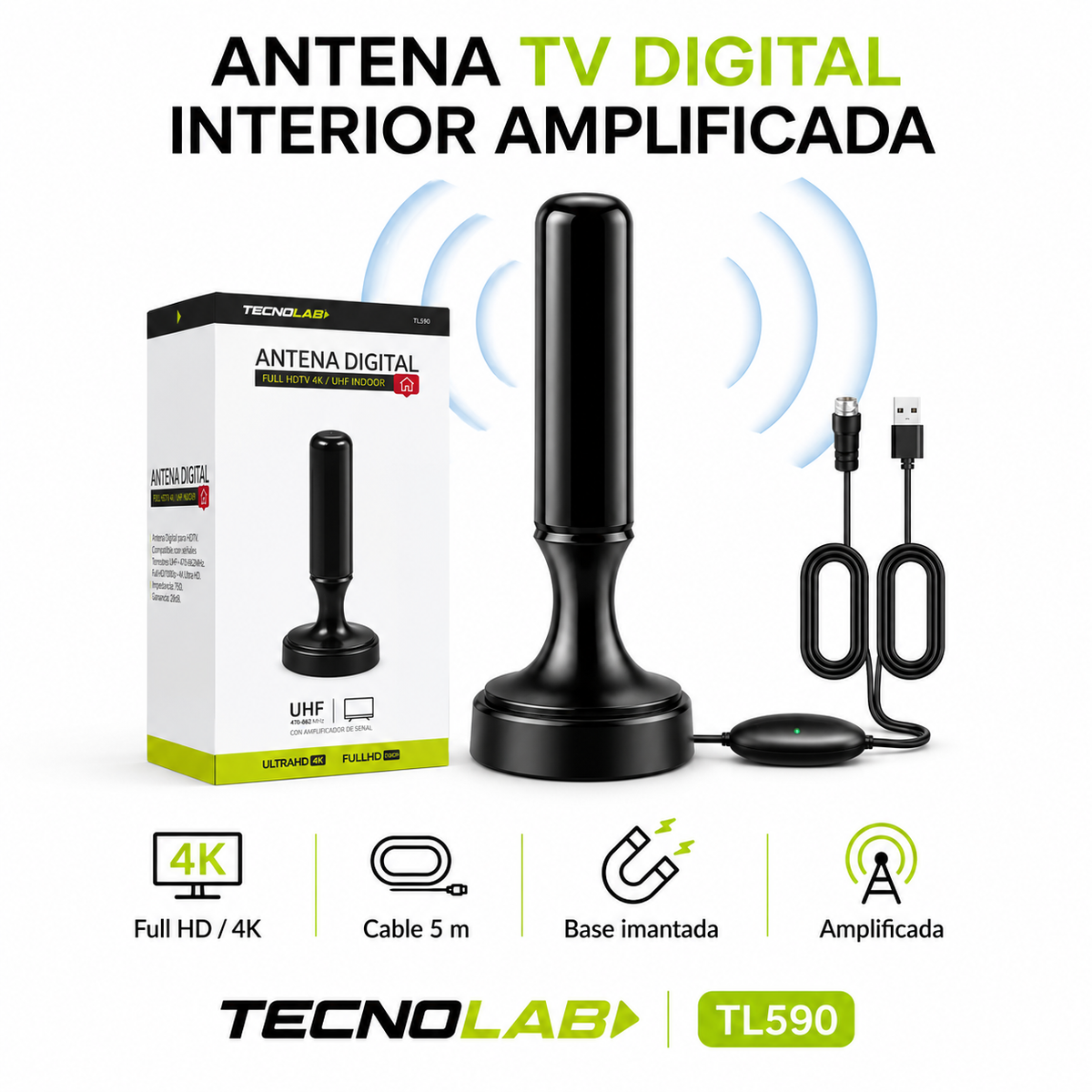 Antena de TV Digital Amplificada 5MT 4K Ultra HD / FHD TL590