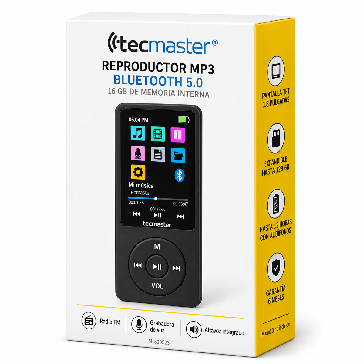 Reproductor MP3 16GB Bluetooth 5.0 Tecmaster TM-300523 Negro