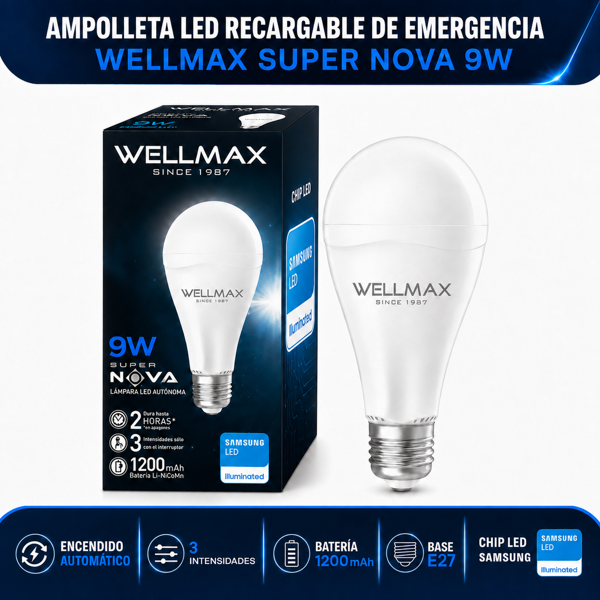 Ampolleta LED Recargable de Emergencia Wellmax Super Nova 9W
