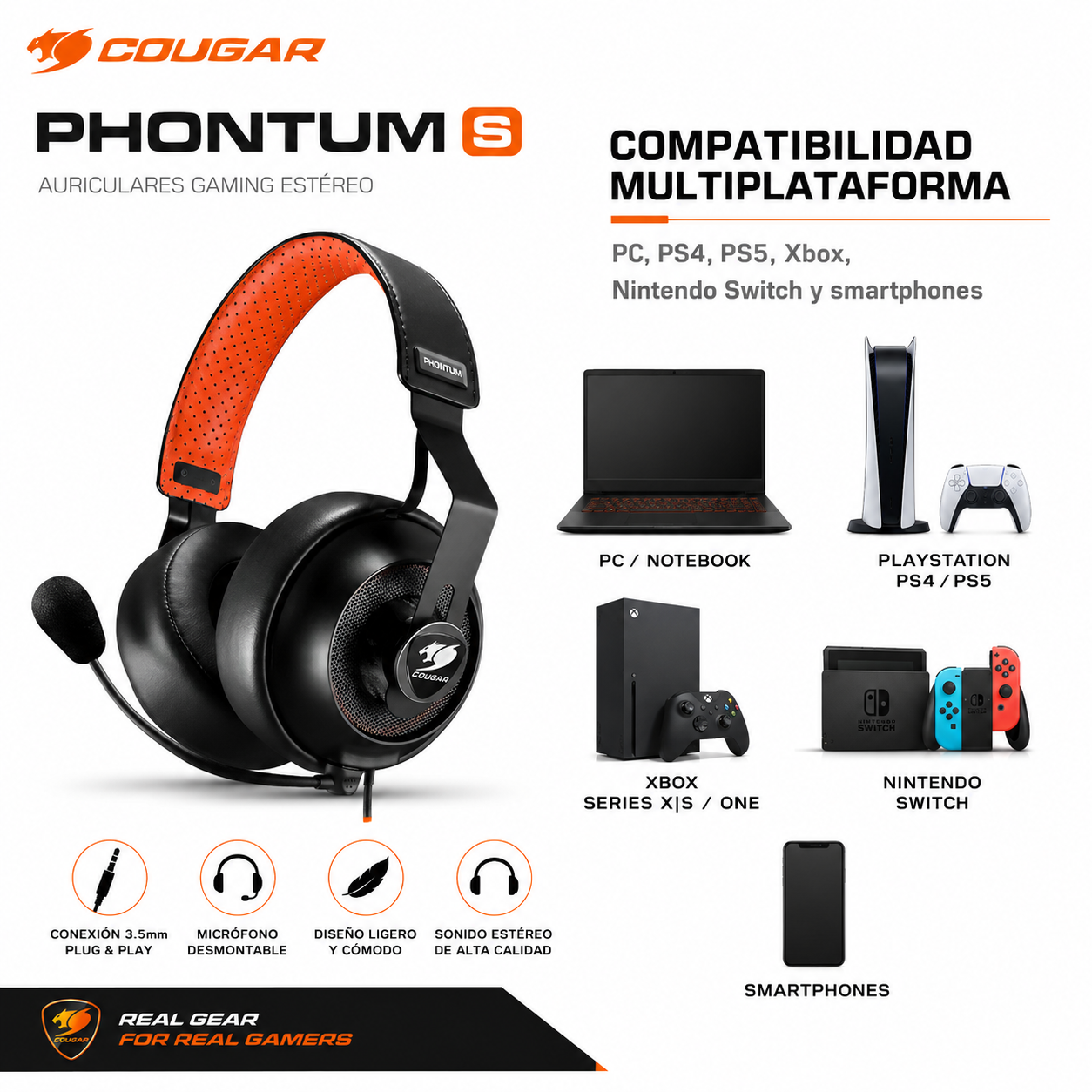 Audifono Gamer Cougar 53mm Phontum S Multiplataformas