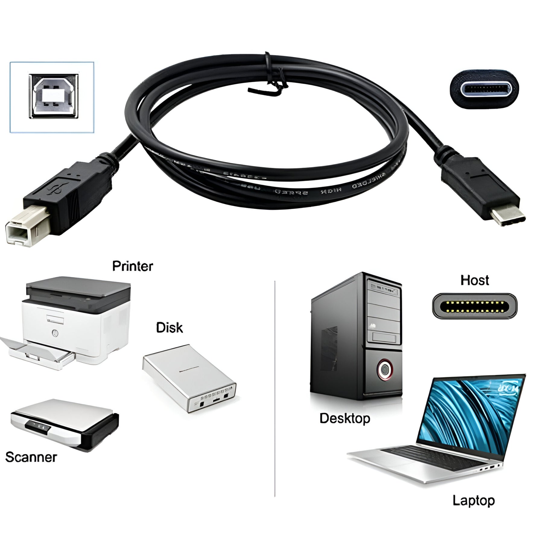 Cable para Impresoras USB-C Universal 180CM - Ultra Flexible