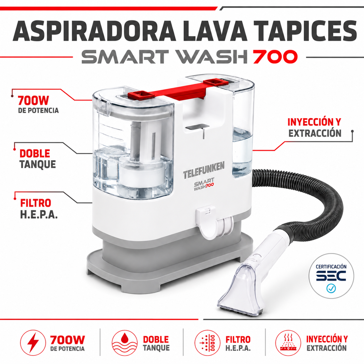 Aspiradora Limpia Tapiz Telefunken Smart Wash 700W Multiusos