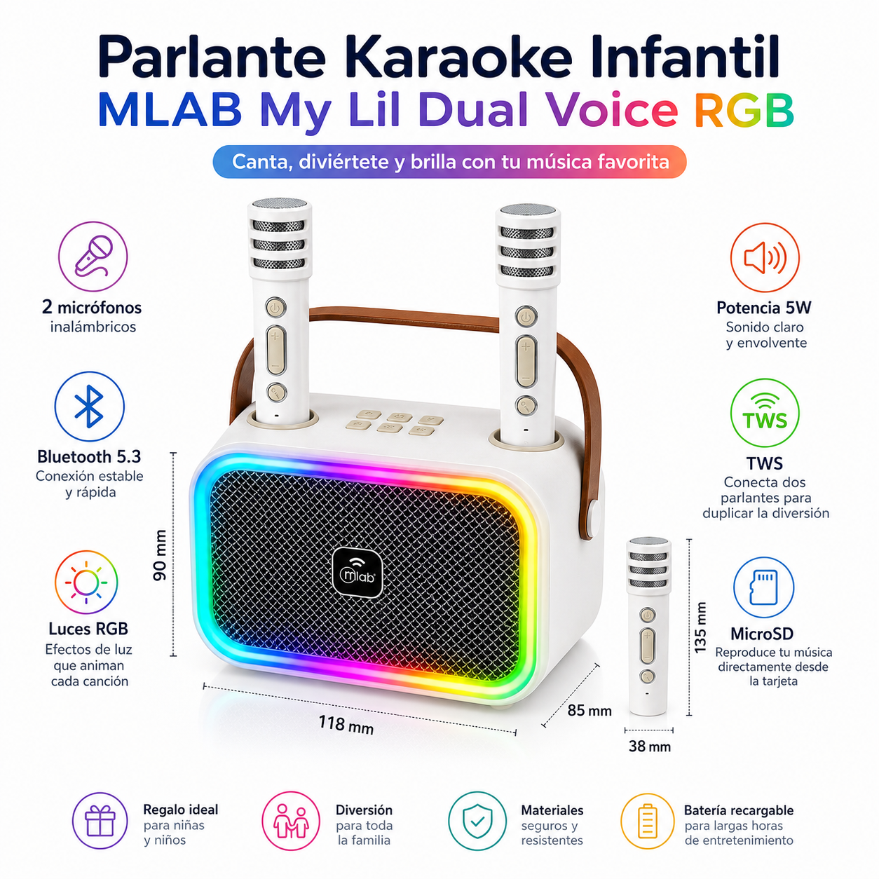 Parlante Karaoke de Niños + 2 Micrófonos Inalámbricos Blanco My Lil Dual Voice RGB