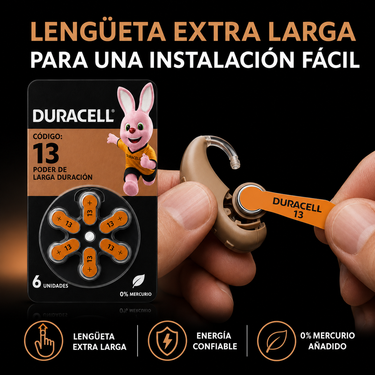 Pila Duracell 13 de Audiología de Larga Duración (Pack de 6)