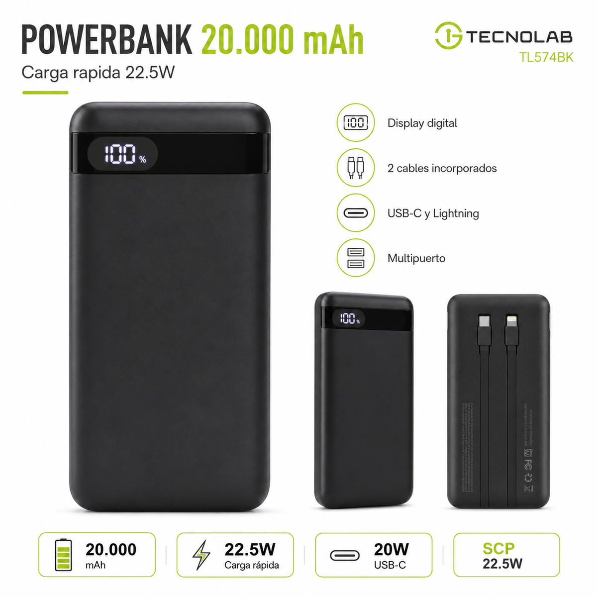 PowerBank 20.000 mAh Turbo Quick Charge Multipuertos 22W
