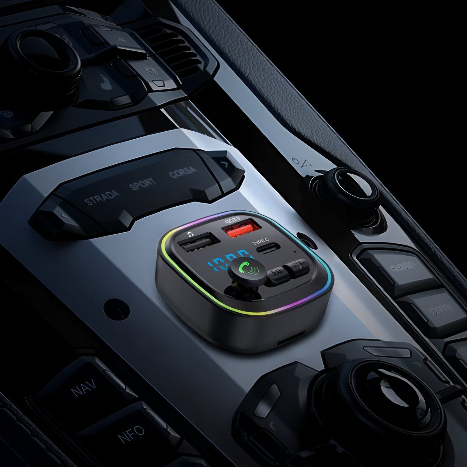 Transmisor FM Bluetooth + Puerto Quick Charge 20W 12/24V RGB