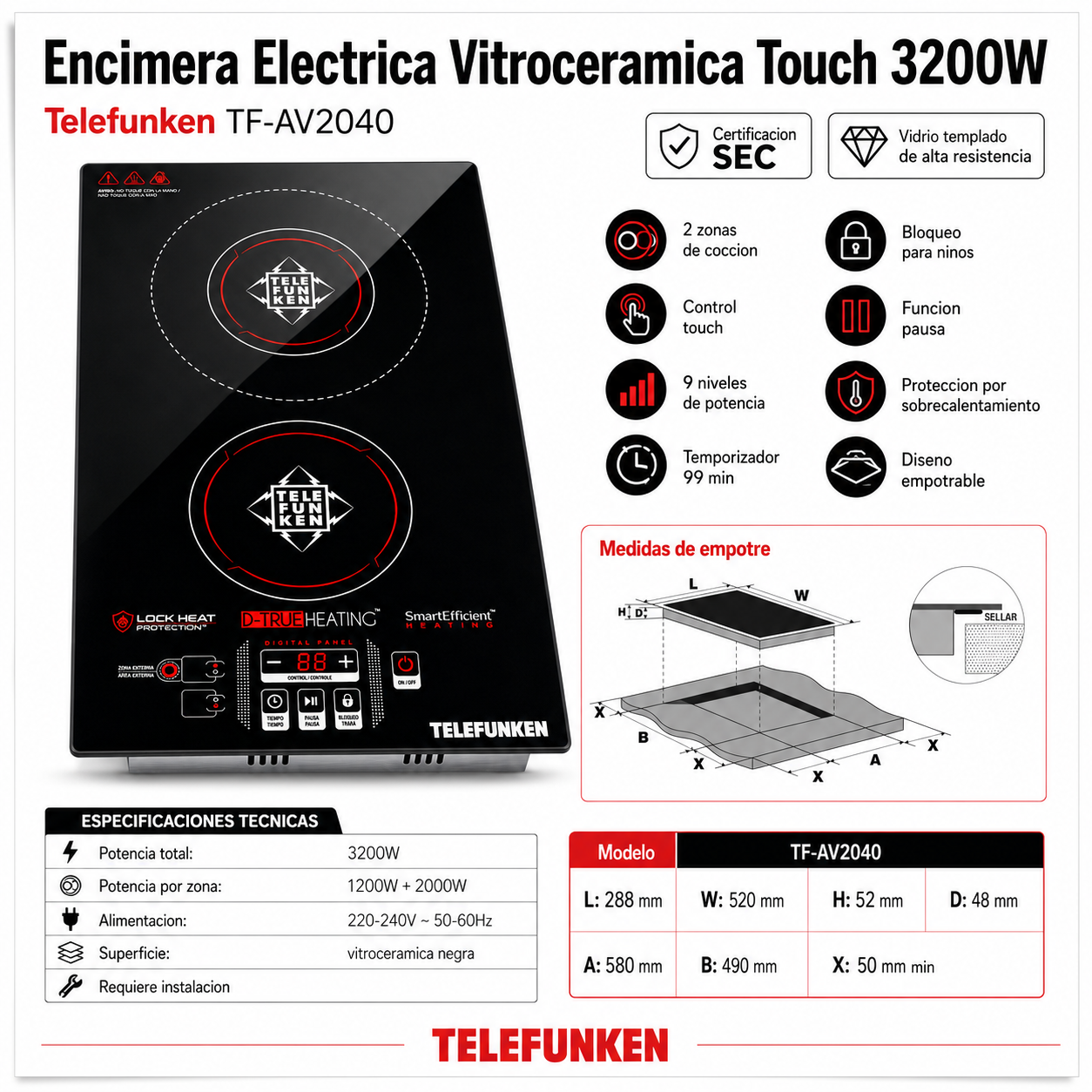 Cocina Eléctrica Encimera Dual Vitrocerámica Touch 3200W SEC